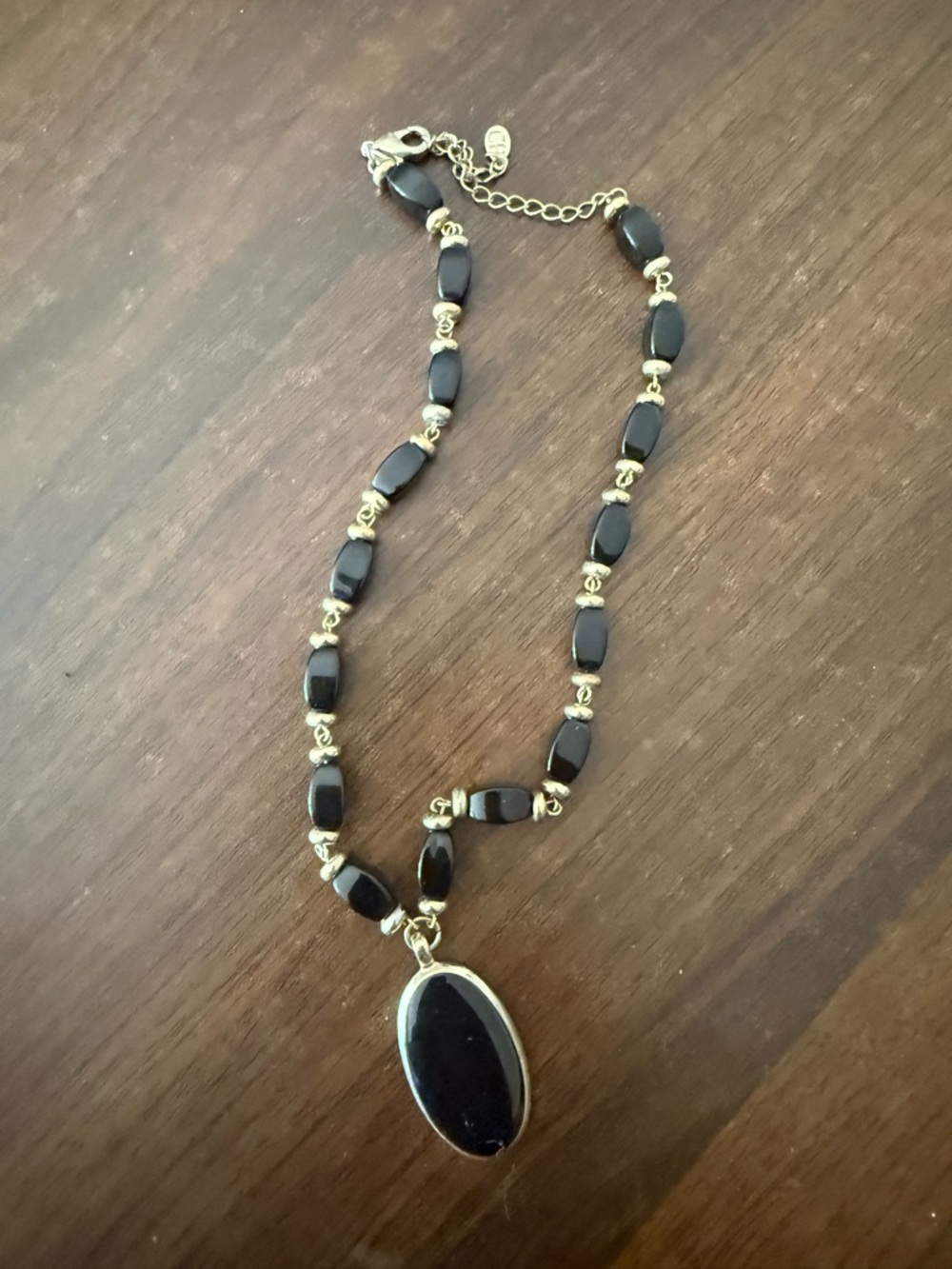 Black Bead Pendant Necklace - Gold Accents